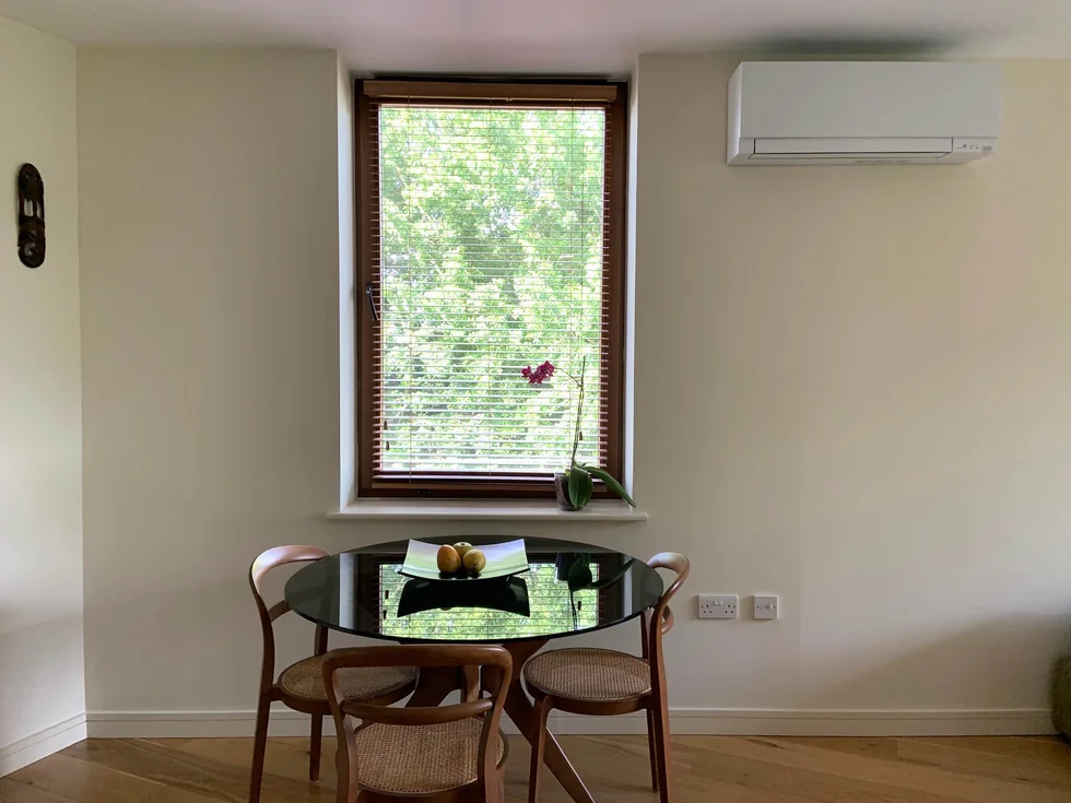 Another angle of the living and dining space.